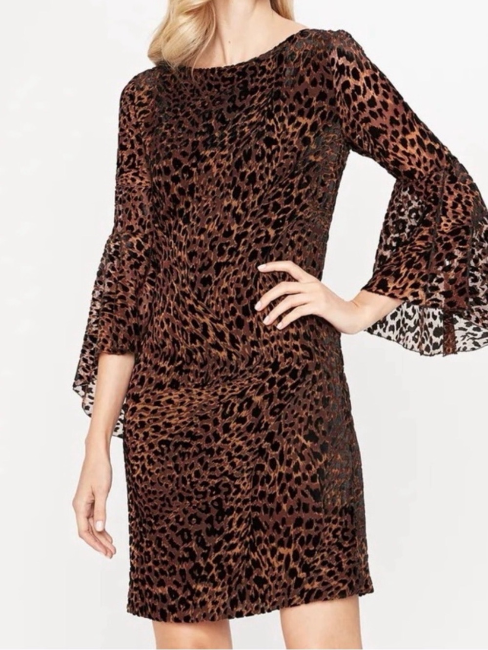 Elie Tahari NWT Brown Leopard-Print Bell-Sleeve Mini Dress